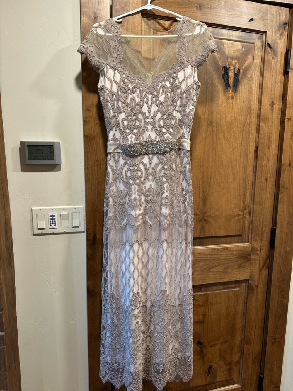 Tadashi Shoji Taupe Lace Embellished Midi Dress